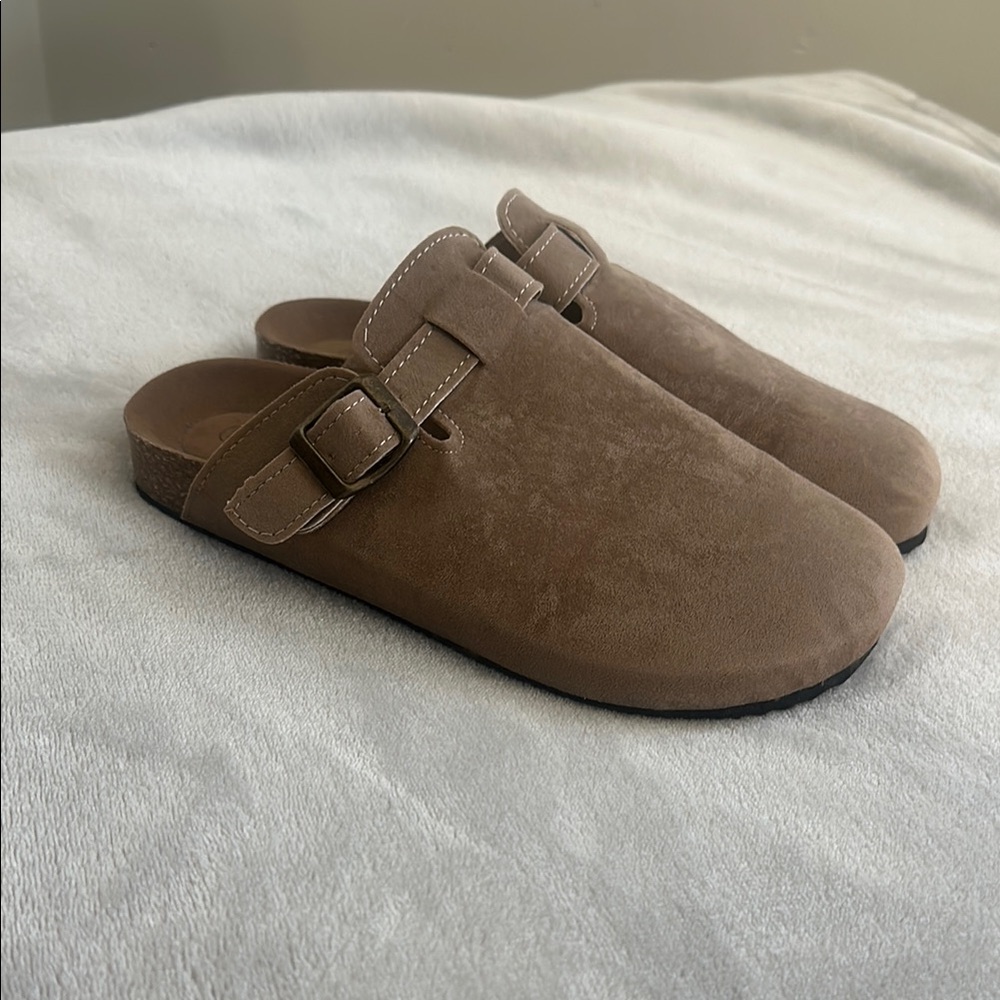 Brown Suede Buckle Clogs